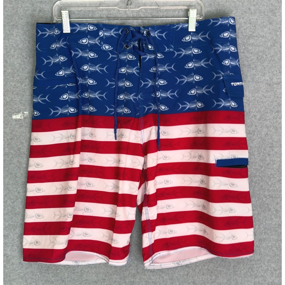 NEW! Tormenter Board Shorts Mens 36 Blue American Flag Fish Skeleton SPF-35 NWT